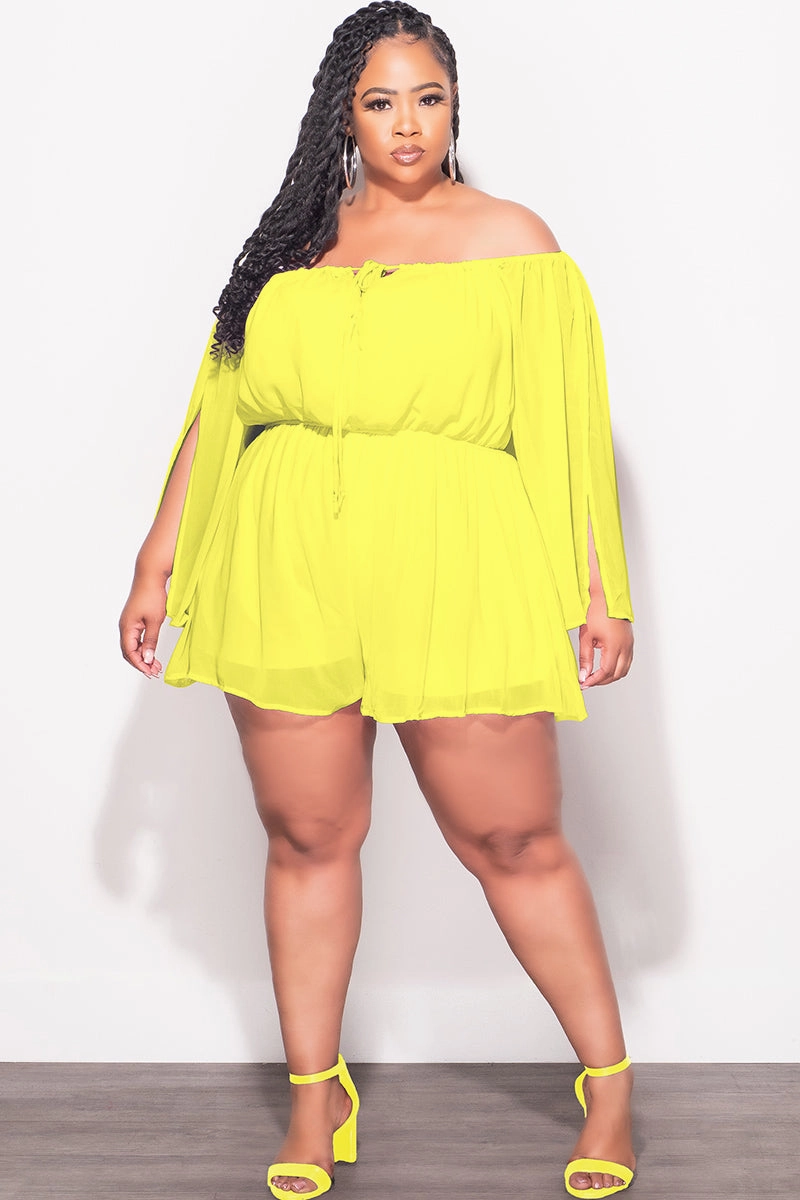 Final Sale Plus Size Off the Shoulder Chiffon Romper with Slit Sleeves in Yellow Puce DurableReinforcedMaterial