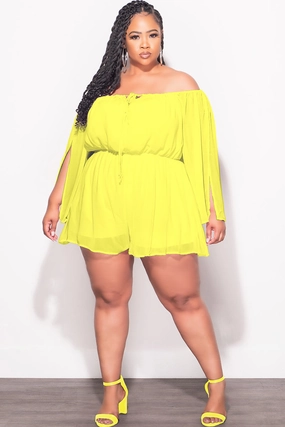 Final Sale Plus Size Off the Shoulder Chiffon Romper with Slit Sleeves in Yellow Puce DurableReinforcedMaterial