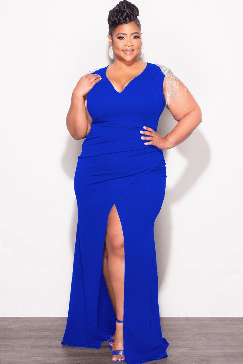 Easy Fit Final Sale Plus Size Deep V  Rhinestone Fringe Shoulder With Maxi Dress in Royal Blue