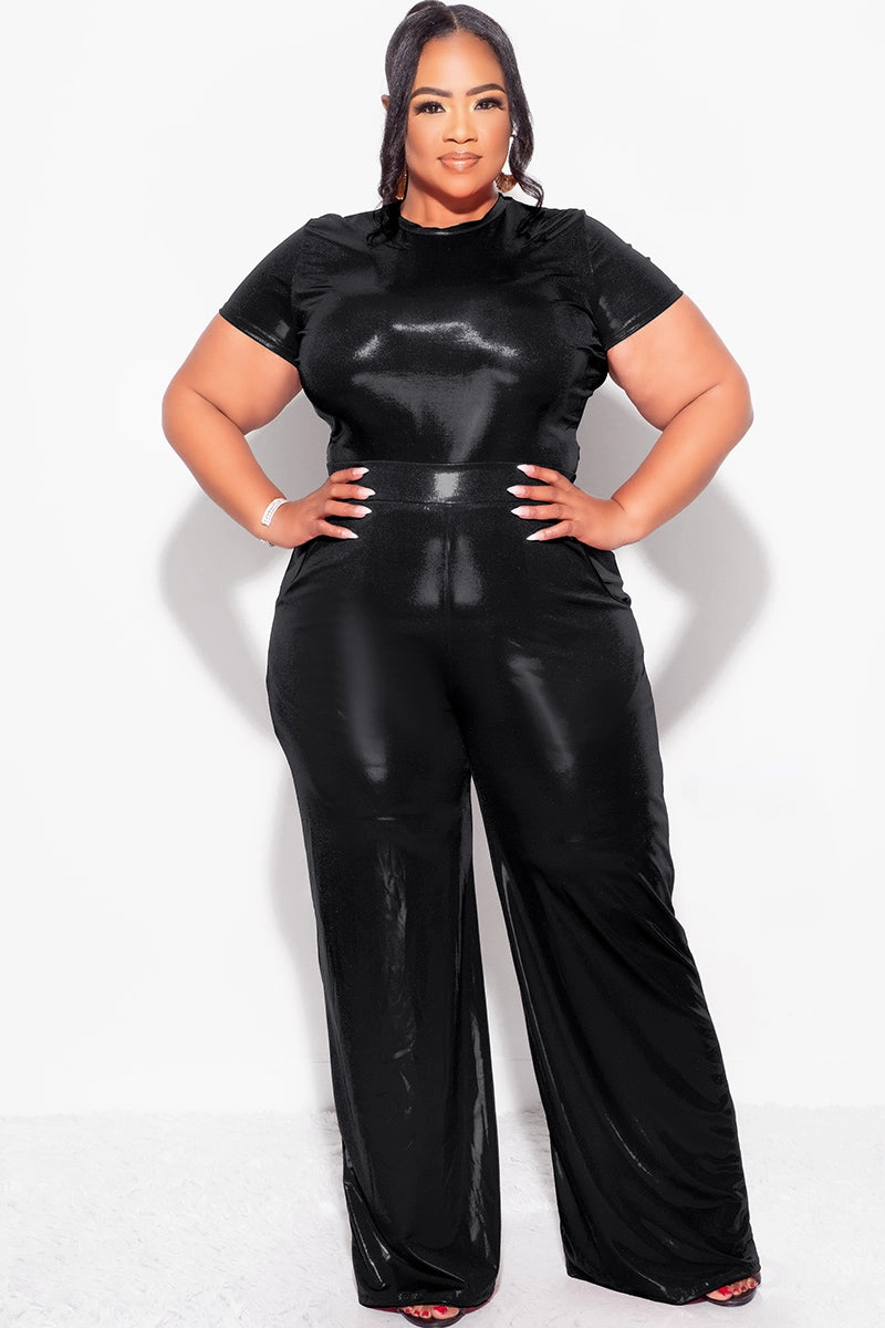 Final Sale Plus Size 2pc Crop Top & Palazzo Pant Set in Black Easy Layer Stain Resistant