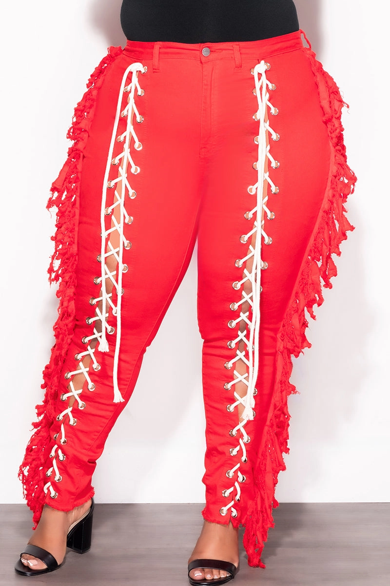 Final Sale Plus Size Tassel with Taupe Lace Up Jeans in Red Denim ElasticWaistband