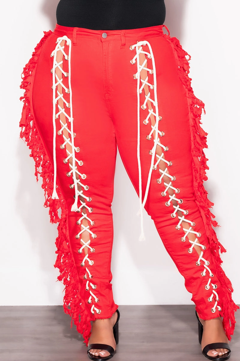 Core Cut All-Day Wear Final Sale Plus Size Tassel with Taupe Lace Up Jeans in Red Denim