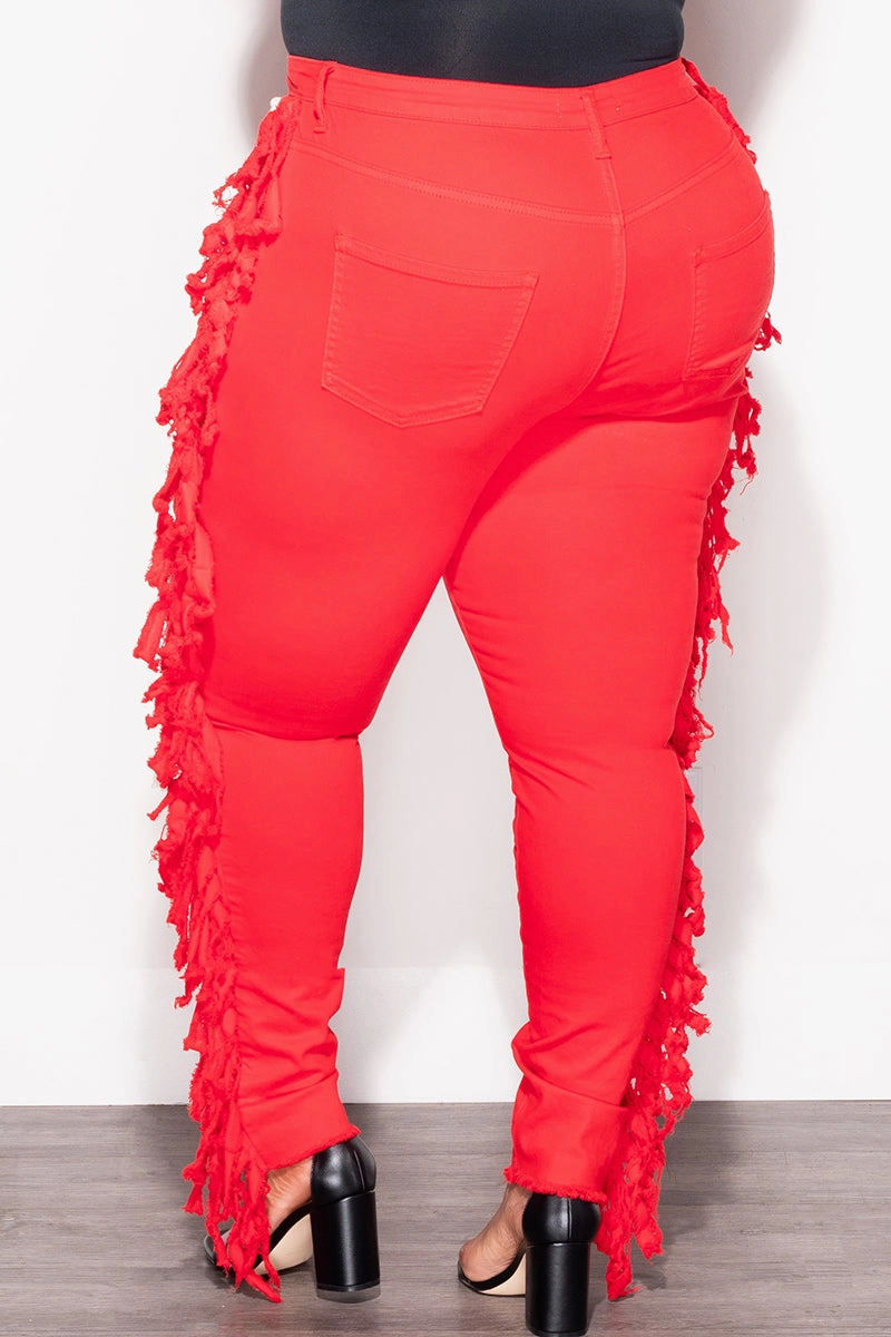 Stretch Material Final Sale Plus Size Tassel with Taupe Lace Up Jeans in Red Denim