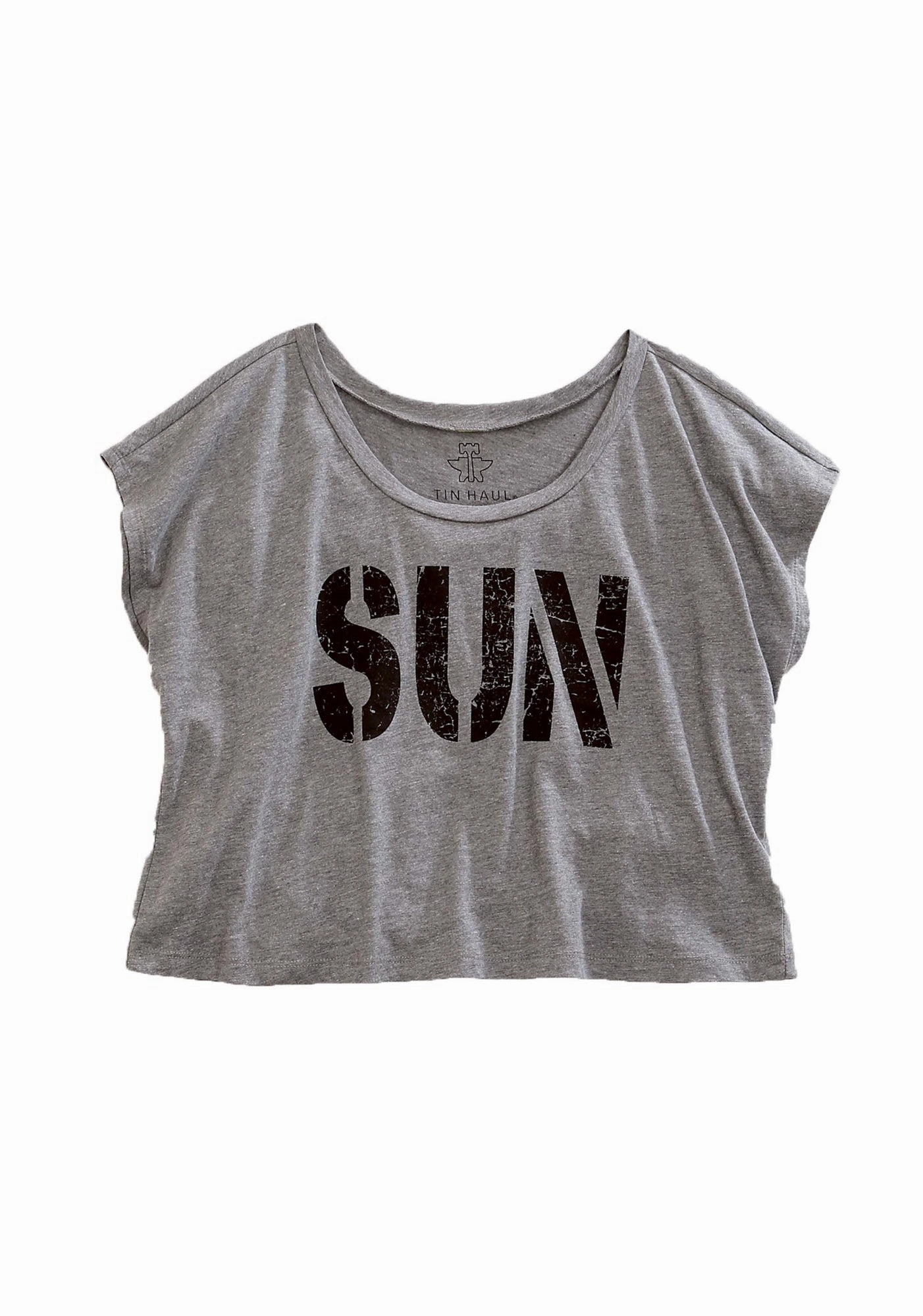 Tin Haul Womens SUN Crop Top Grey Cotton Blend S/S T-Shirt Casual Style