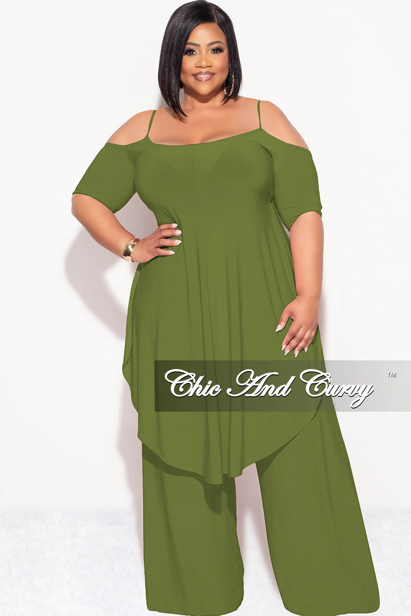 Active Comfort Fit Full Flex Final Sale Plus Size 2pc Cold Shoulder High Low Top and Wide Leg Pants in Olive