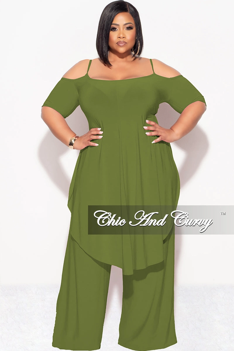 Trail Comfort Workout-ready Final Sale Plus Size 2pc Cold Shoulder High Low Top and Wide Leg Pants in Olive