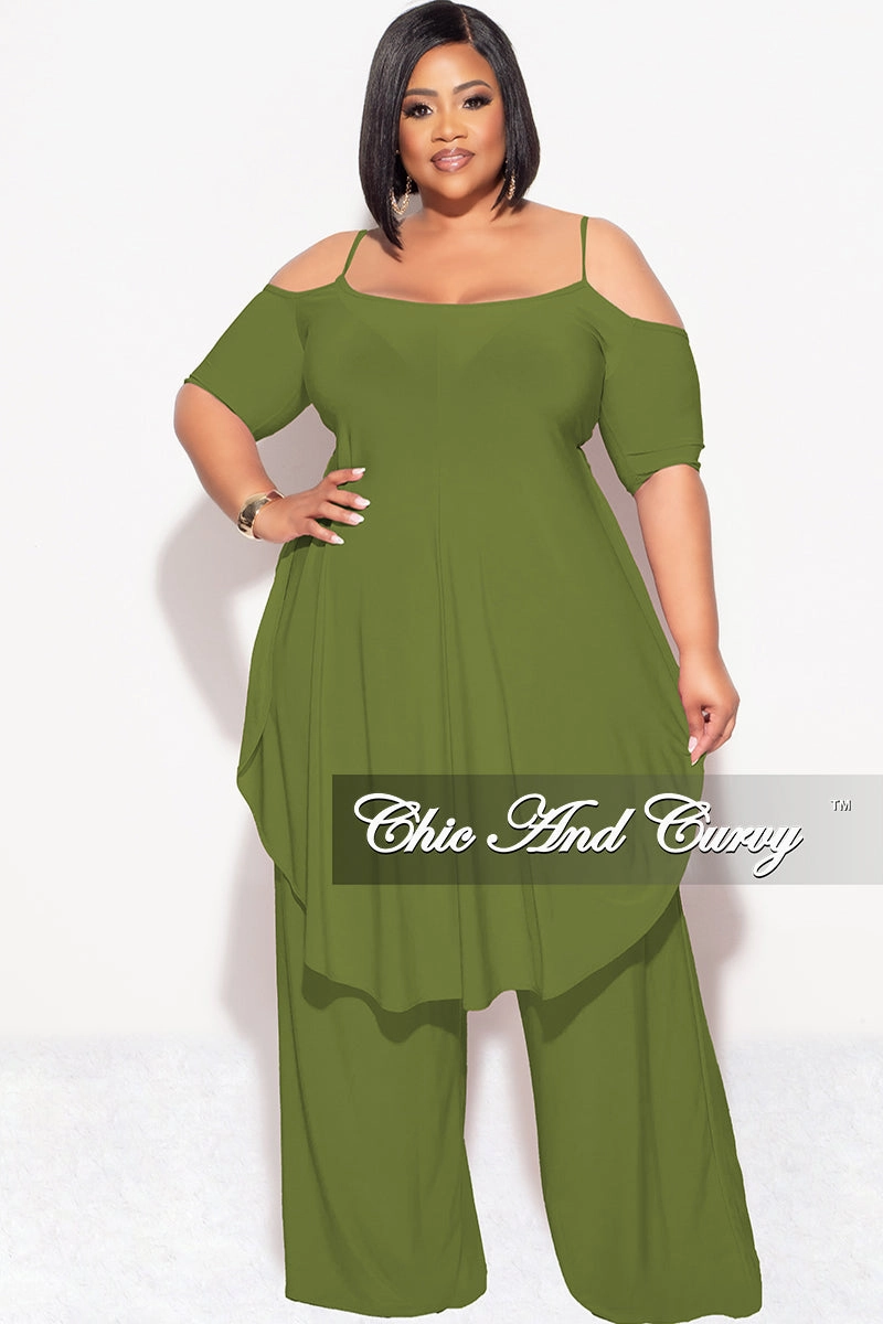 Final Sale Plus Size 2pc Cold Shoulder High Low Top and Wide Leg Pants in Olive Modern Design Clean Cut
