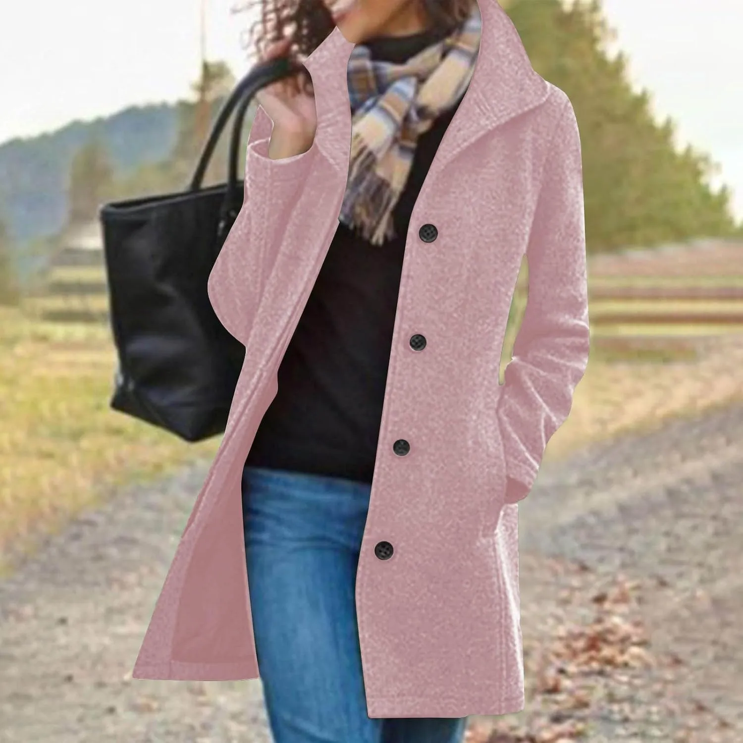 Trench Coat Women Faux Wool Single Breasted Pea Coat Mid Length Oversized Loose Long Trench Coat Dress Coat