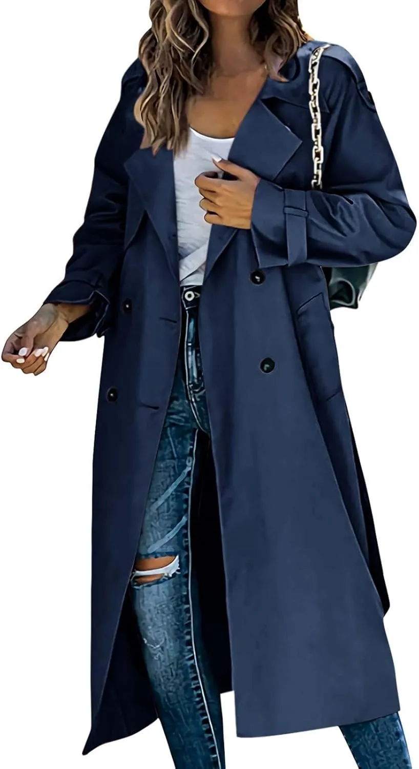 Trench Coat Women Waterproof Double Breasted Long Coats Trendy Notch Collar Jackets Fall Windbreaker with Pockets