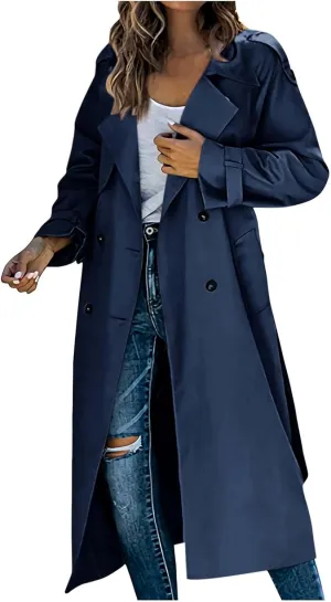Trench Coat Women Waterproof Double Breasted Long Coats Trendy Notch Collar Jackets Fall Windbreaker with Pockets