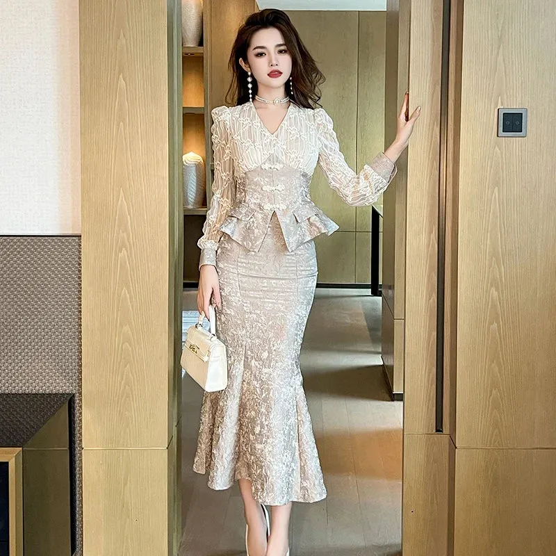 Trend4us Elegant Jacquard Lace Peplum Suit Set