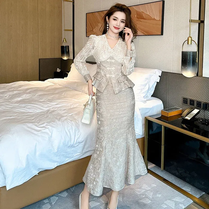 Trend4us Elegant Jacquard Lace Peplum Suit Set