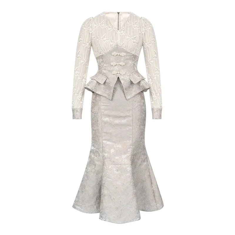 Trend4us Elegant Jacquard Lace Peplum Suit Set