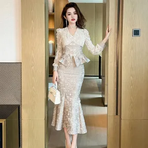 Trend4us Elegant Jacquard Lace Peplum Suit Set