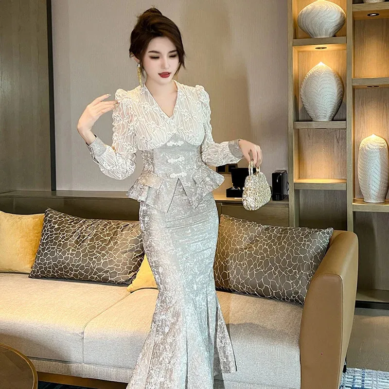 Trend4us Elegant Jacquard Lace Peplum Suit Set