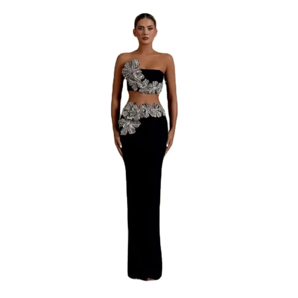 Trend4us Women's Crystal Applique Two-Piece Skirt Suits