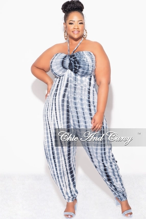 Final Sale Plus Size Halter Harem Jumpsuit in Navy & White Tie Dye Print HiddenPockets Easy Pack