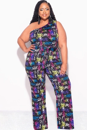 Comfortable Fit Look Final Sale Plus Size One Shoulder Jumpsuit in Black Multi Color Print