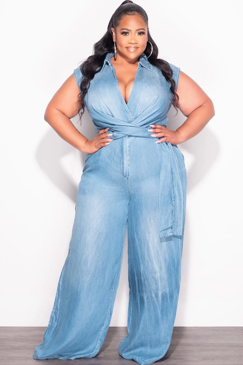 Final Sale Plus Size Collar Faux Wrap Jumpsuit in Denim Anti Slip Waistband