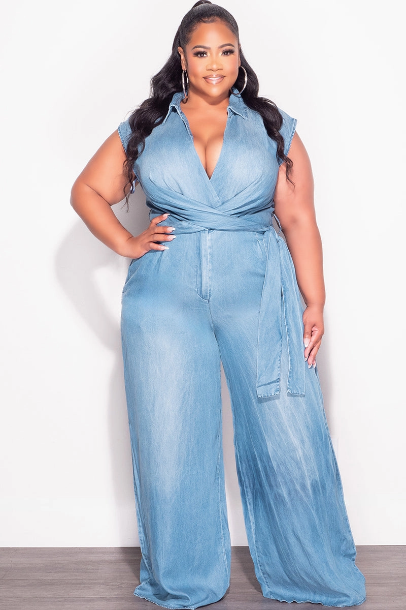 Final Sale Plus Size Collar Faux Wrap Jumpsuit in Denim Mesh Lined