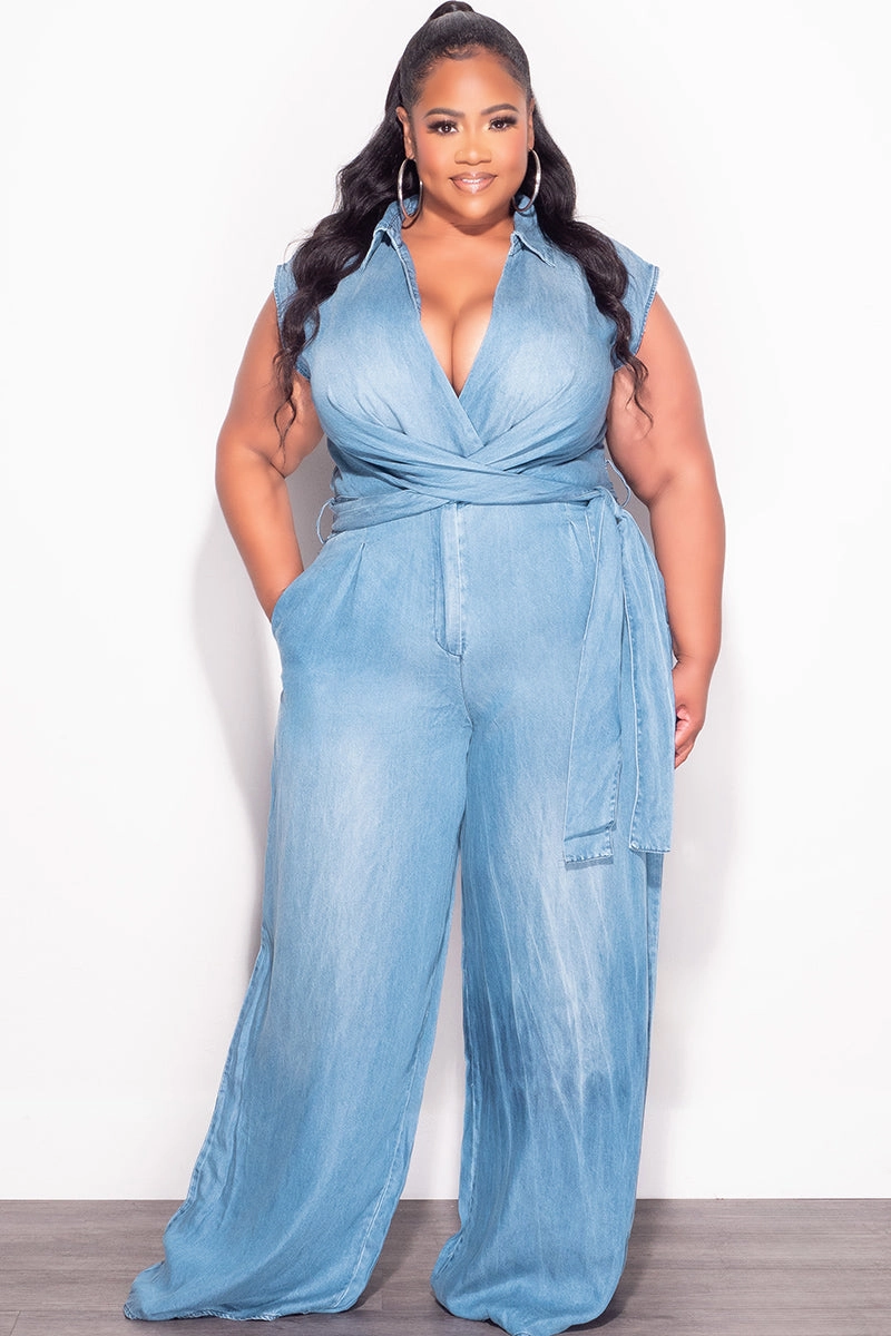 Slim Stretch Fit Casual Performance Fit Final Sale Plus Size Collar Faux Wrap Jumpsuit in Denim