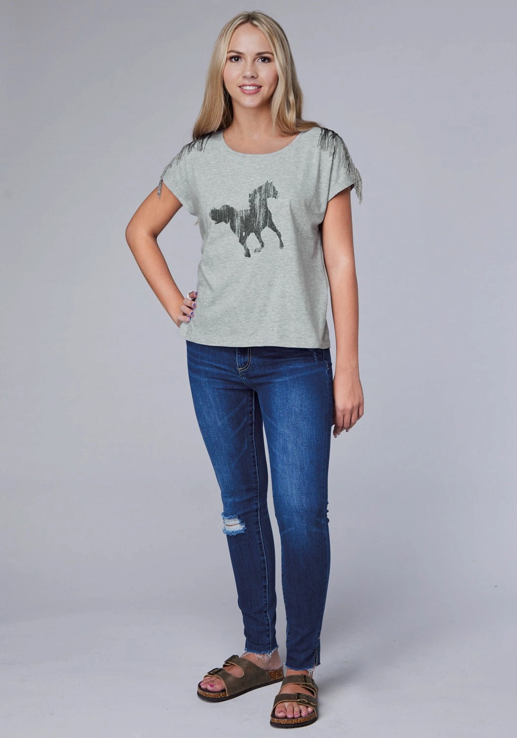 Pure Cotton Roper Womens Black Mustang Grey Cotton Blend S/S T-Shirt