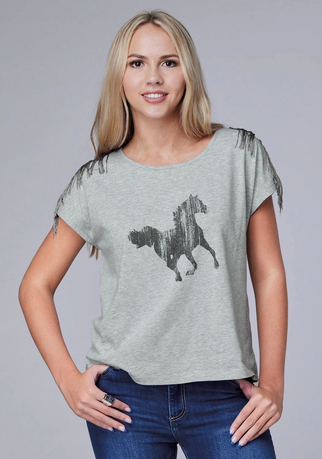 Roper Womens Black Mustang Grey Cotton Blend S/S T-Shirt Soft Wear Contemporary Style