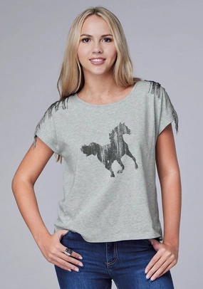 Roper Womens Black Mustang Grey Cotton Blend S/S T-Shirt Soft Wear Contemporary Style