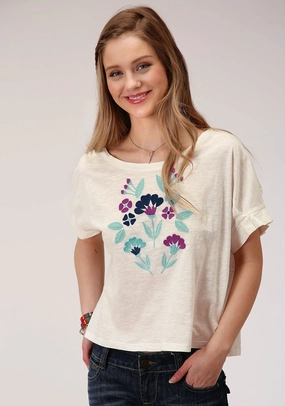Picnic Outfit Current Style Roper Womens Cream 100% Cotton Purple Floral S/S T-Shirt