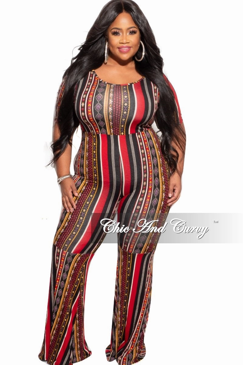 Final Sale Plus Size Bell Bottom Jumpsuit in Multicolor Stripe Stretch Layer Fit