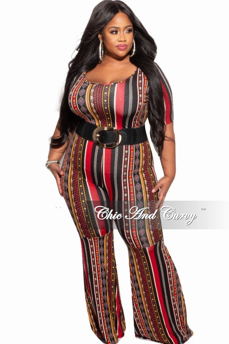 Final Sale Plus Size Bell Bottom Jumpsuit in Multicolor Stripe GussetedCrotch