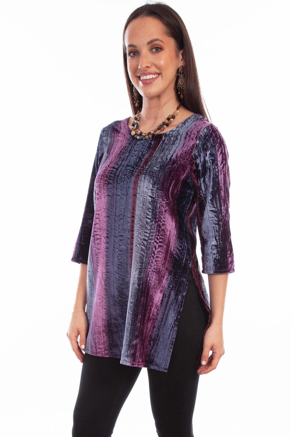 Scully Womens Vibrant Velvet Plum Nylon Viscose 3/4 Sleeve S/S Tunic Striped style Workwear Option