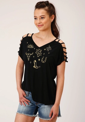Work From Home Chill Comfort Roper Womens Black Poly/Rayon Cold Shoulder S/S Strappy T-Shirt