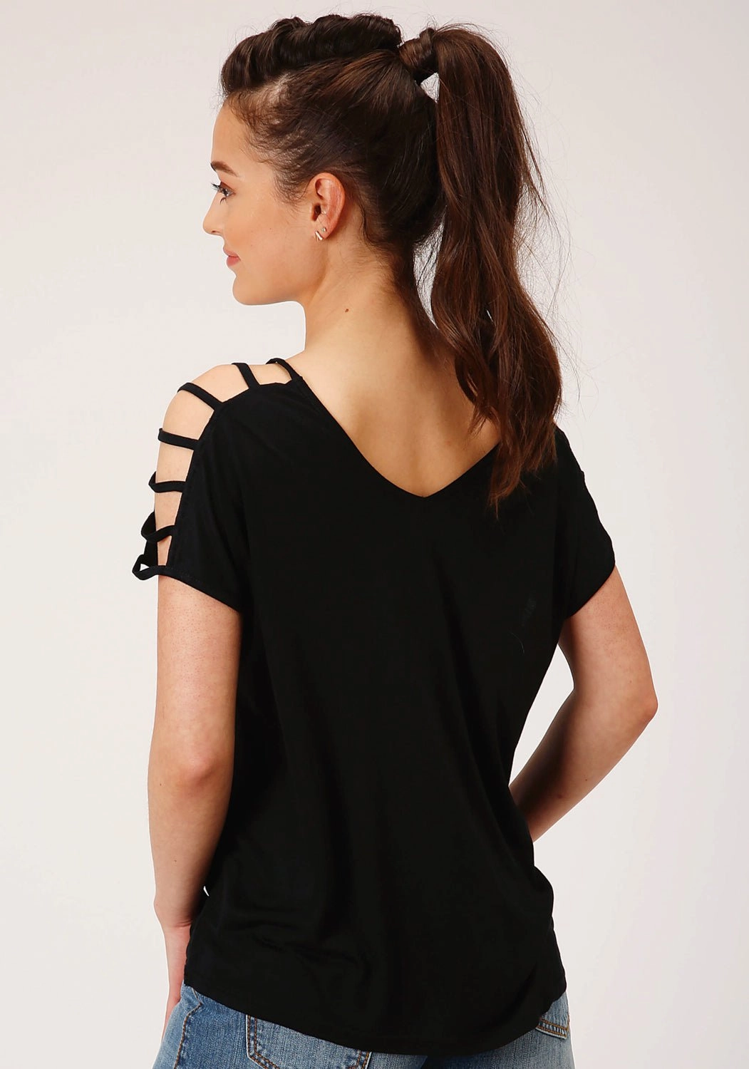 All-Season Wear Roper Womens Black Poly/Rayon Cold Shoulder S/S Strappy T-Shirt