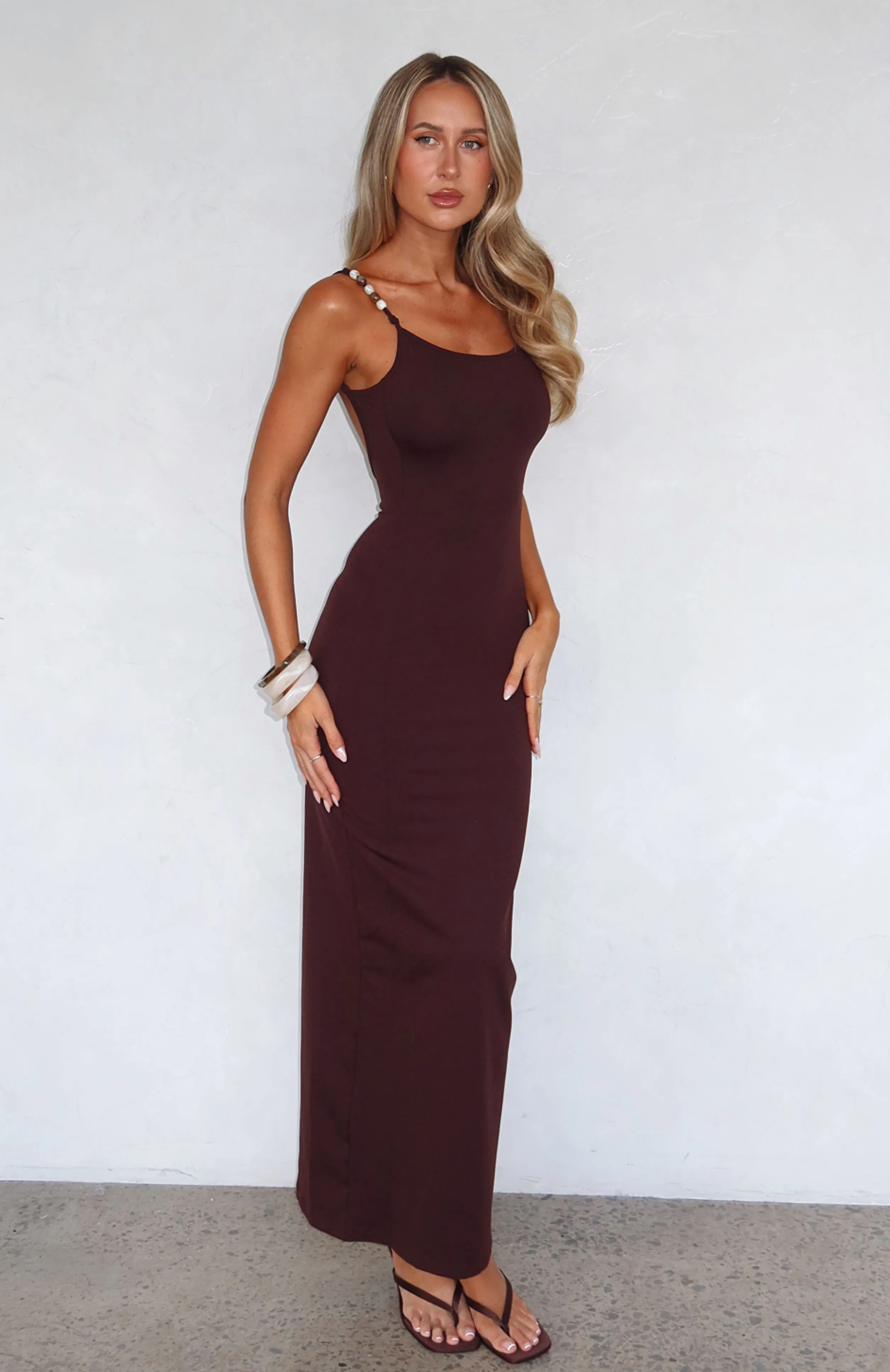 Trusting You Maxi Dress Dark Chocolate DoubleLayeredShoulders Athletic Look