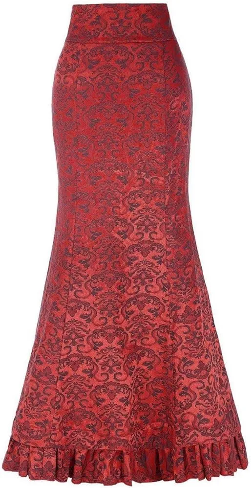 tuduoms Women's Steampunk Gothic Maxi Skirts Victorian Ruffles Fishtail Mermaid Pencil Skirt Retro Tiered Floor Length Skirt