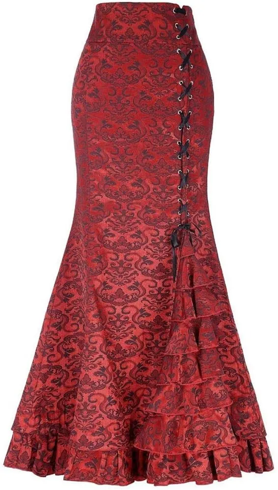 tuduoms Women's Steampunk Gothic Maxi Skirts Victorian Ruffles Fishtail Mermaid Pencil Skirt Retro Tiered Floor Length Skirt