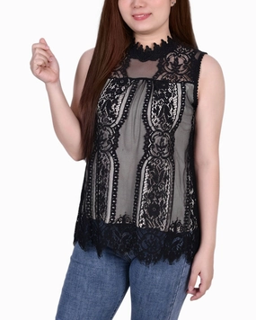 Sleeveless Mock Neck Lace Top Stretch Blouse Airflow Mesh Panel