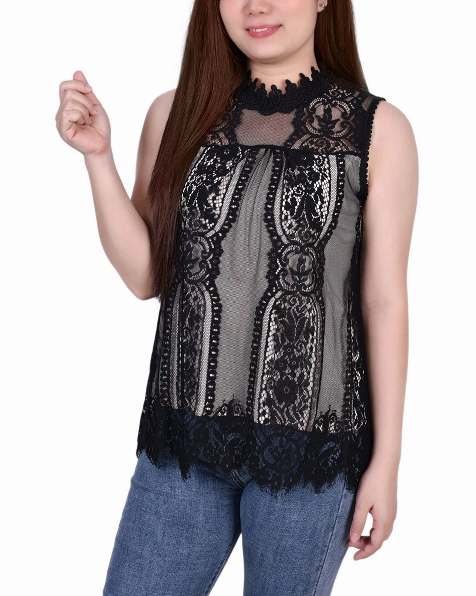 Sleeveless Mock Neck Lace Top Bamboo Derived Material