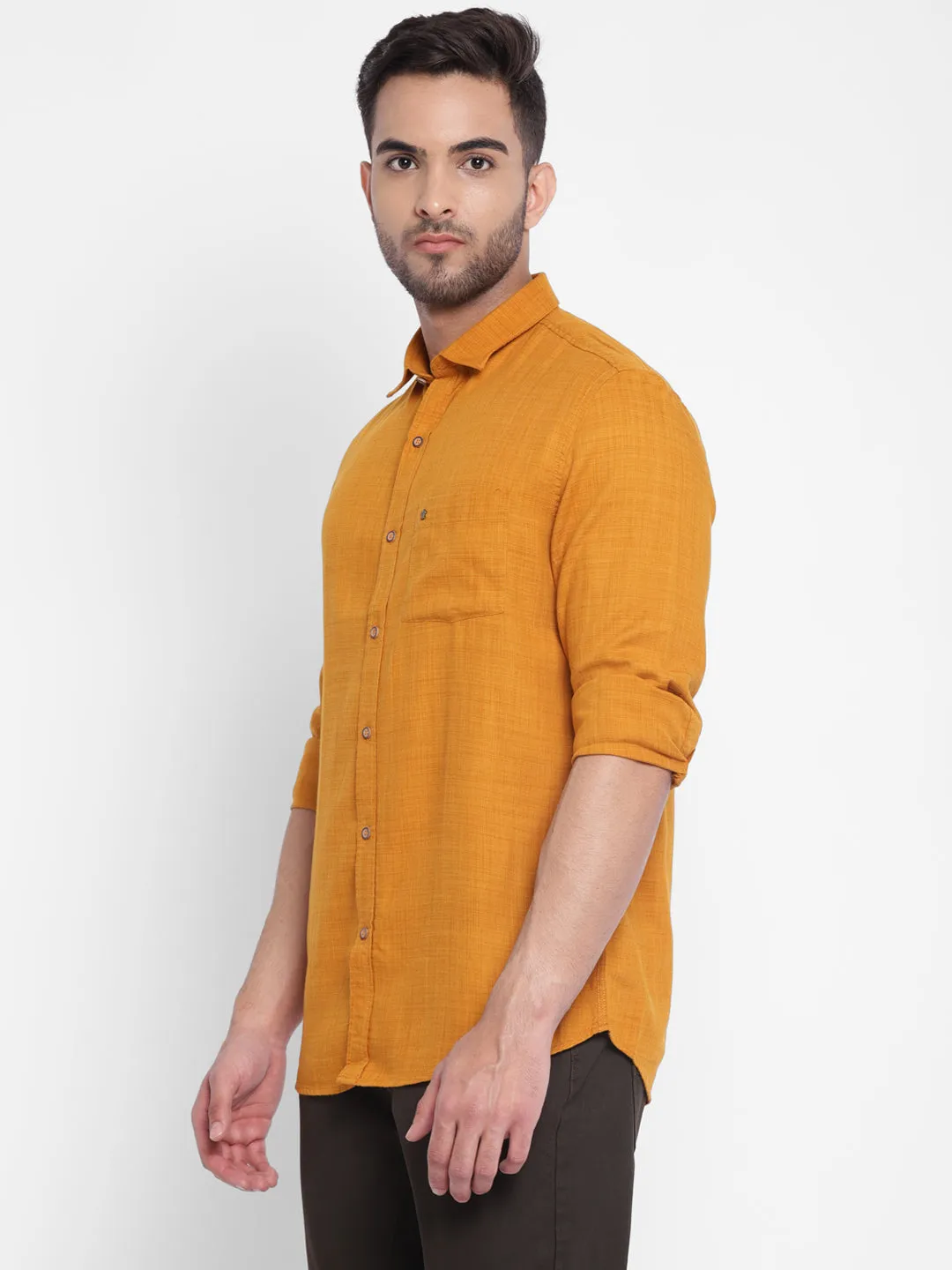 Turtle Men Yellow Cotton Solid Slim Fit Shirts
