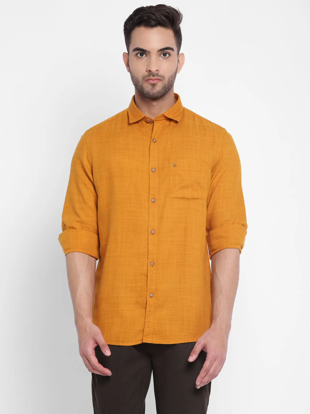 Turtle Men Yellow Cotton Solid Slim Fit Shirts