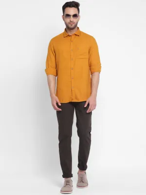 Turtle Men Yellow Cotton Solid Slim Fit Shirts
