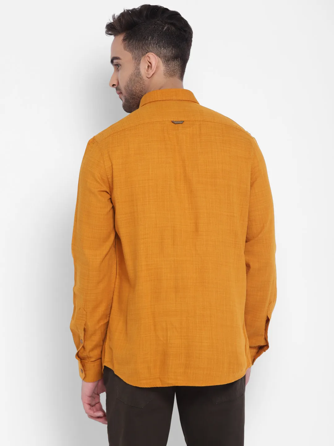 Turtle Men Yellow Cotton Solid Slim Fit Shirts