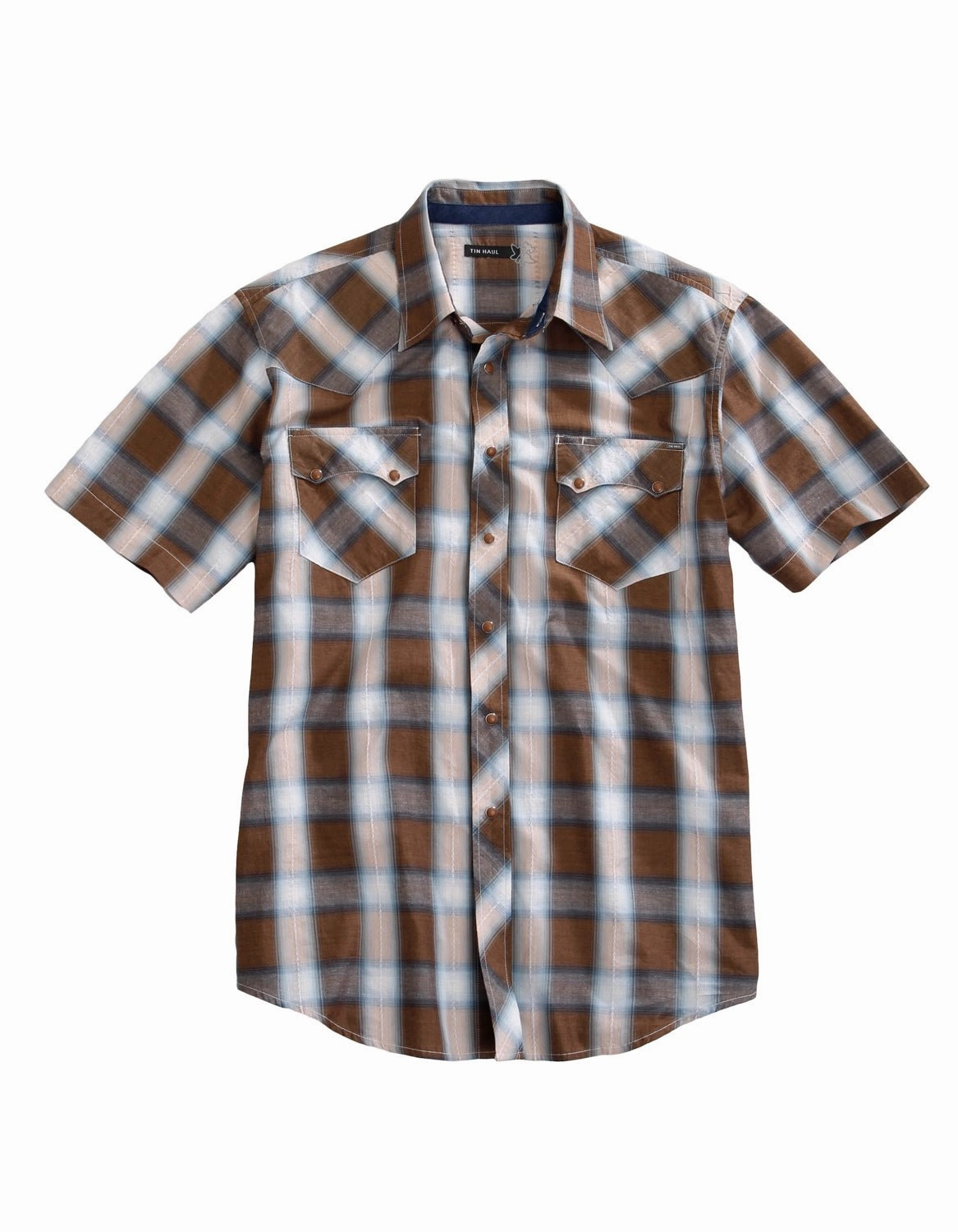 Compact Packing Functional Design Tin Haul Mens Saddle Dobby Plaid Brown 100% Cotton S/S Shirt