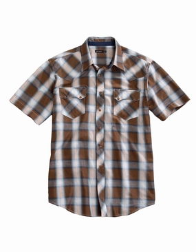 Compact Packing Functional Design Tin Haul Mens Saddle Dobby Plaid Brown 100% Cotton S/S Shirt