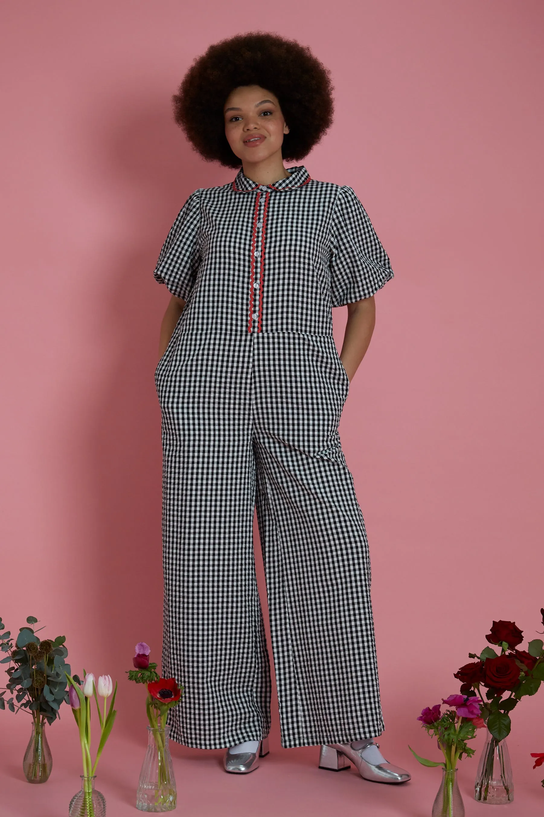 Piper Wide Leg Gingham Jumpsuit - Curve WrinkleResistant Fabric