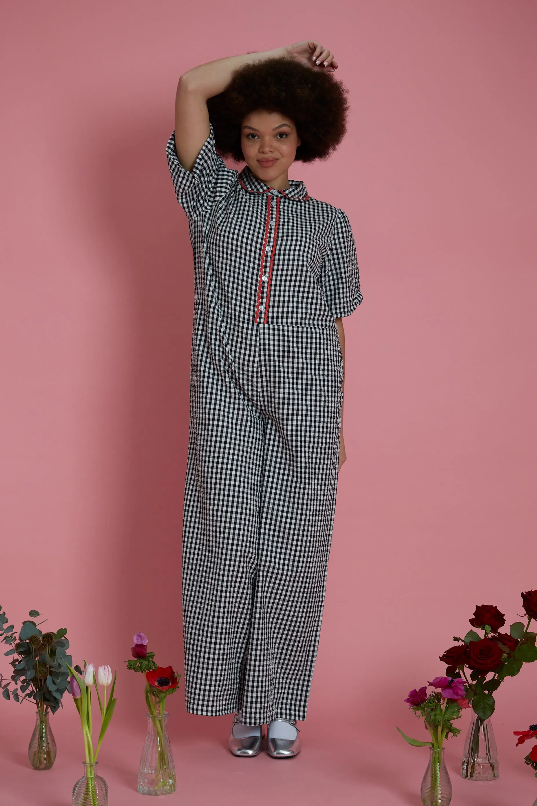 Microfiber texture Piper Wide Leg Gingham Jumpsuit - Curve