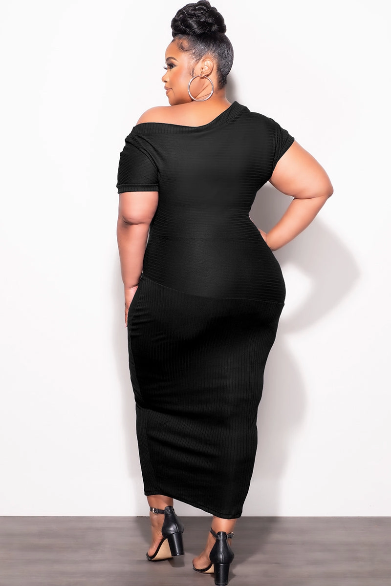 SeamlessPockets Final Sale Plus Size Off The Shoulder Ribbed Midi Dress in Black