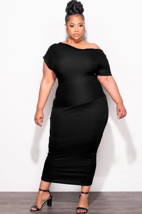 Bonded Seam Technology Perfect Design Final Sale Plus Size Off The Shoulder Ribbed Midi Dress in Black