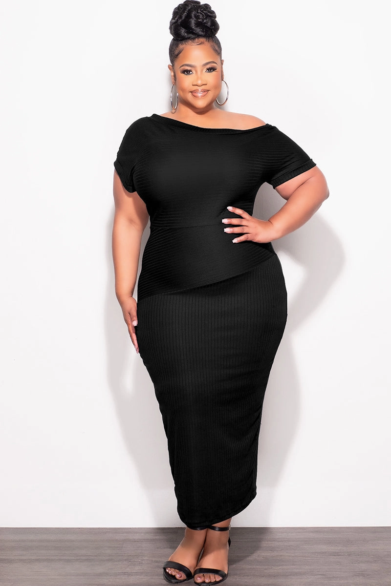 Final Sale Plus Size Off The Shoulder Ribbed Midi Dress in Black HypoallergenicFabric NonRestrictiveFit